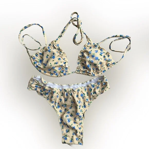 Yellow Floral Halter Thong Bikini Set - Picture 4 of 9